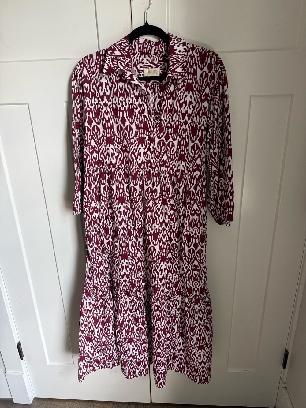 Maeve Bettina Tiered Shirt Dress from Anthropologie in a burgundy ikat print.S. - Picture 5 of 11